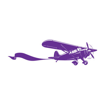 Purple vintage propeller airplane with a long trailing banner, flat of an aircraft for aerial advertising on white