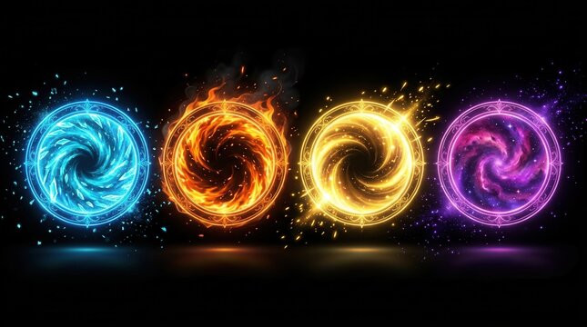 Modern cartoon illustration of fantasy neon color circle frames and magic game portals.