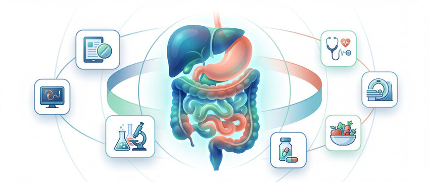 Digestive system medical infographic with internal organs depicting liver, stomach, and intestines surrounded by diagnostic healthcare icons for gastroenterology clinics and science education