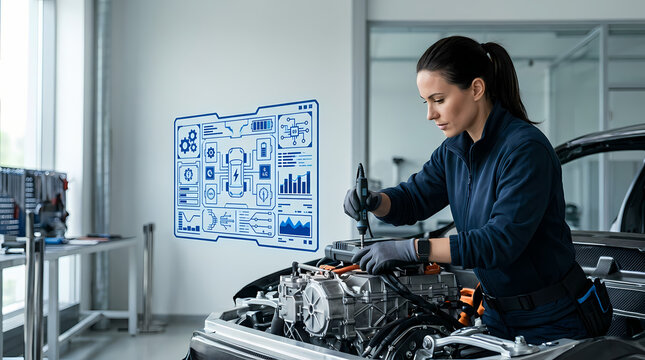 Female Auto Mechanic Repairing Electric Vehicle Engine with Digital Diagnostics