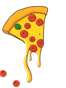 Crunchy pepperoni and melted yellow cheese drips down a crispy cartoon pizza slice on a white background, texture, colorful