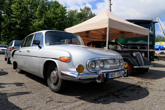 Koprivnicke dny techniky, Koprivnice, Czechia - 31 May, 2026: Tatra 603, a historic vintage automobile displayed at a retro classic car show. The vehicle is stationary, tent and other cars around.