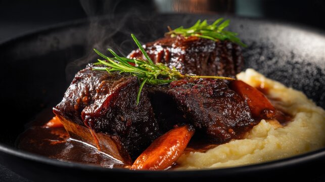 luxurious slow braised short ribs in a rich dark glossy sauce, tender meat falling apart, creamy mashed potatoes and roasted carrots