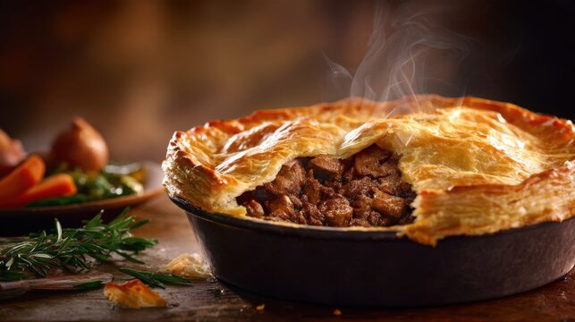 magnificent rustic meat pie freshly baked in a dark ceramic dish, golden flaky crust broken open to reveal rich juicy filling, steam rising, rosemary