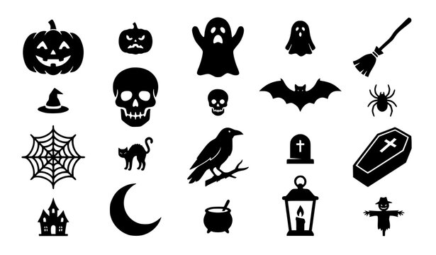 Retro Halloween Silhouette Collection with 20 Spooky Black Vector Icons