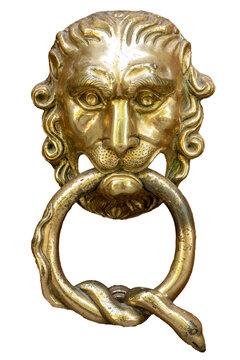 Door Knocker Brass Lion Head with Snake Ring Isolated on White Background.