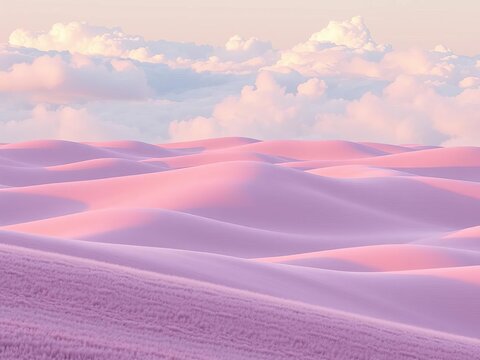 Softly rolling hills of pale pink and lavender rise to meet fluffy white clouds, landscape, sunny