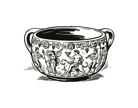 Ancient Greek Pottery Illustration with Dionysian Mythological Scene