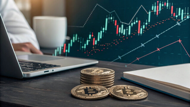 Stack of cryptocurrency coins with laptop and financial chart in background, symbolizing market trends and investment strategies