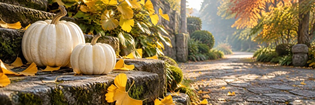 White pumpkins with yellow ginkgo leaves on old stone steps in autumn garden. Cozy fall scene with sunlit cobblestone path and foliage.