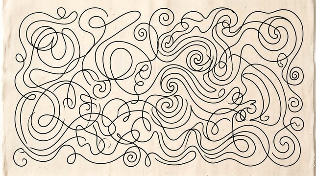 Hand Drawn Swirl Line Art on Canvas Fabric for Vintage Wall Decor and Artistic Print Design