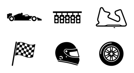 Obraz premium Formula 1 Racing Icons Set: Car, Track, Helmet, Flag, Lights, Wheel