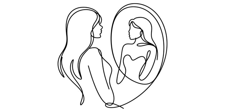 Continuous line drawing of a woman looking at her reflection in a heart shaped mirror, symbolizing self love and confidence.