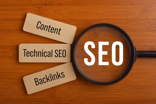 SEO concept with a magnifying glass over SEO and labels for content, technical SEO, and backlinks, representing search engine optimization and digital marketing strategy.