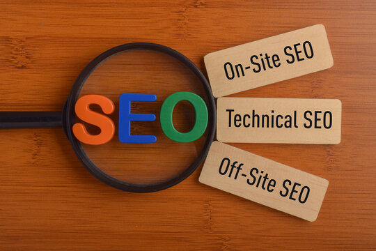 SEO concept featuring colorful letters and labels for on-site, technical, and off-site SEO, representing search engine optimization and digital marketing.