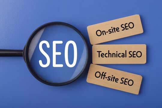 SEO concept featuring colorful letters and labels for on-site, technical, and off-site SEO, representing search engine optimization and digital marketing.