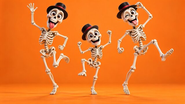 Three funny cartoon skeletons wearing hats dancing happily on orange background. Playful characters with silly expressions celebrating Halloween party.