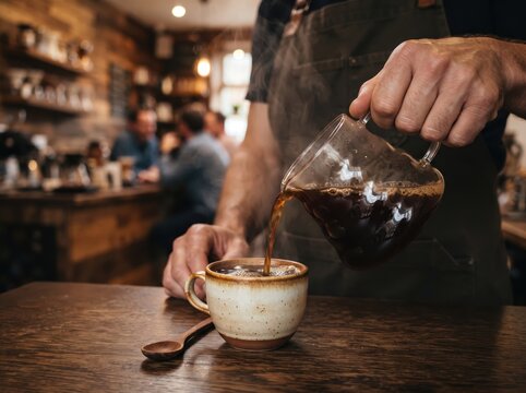 Close-up of barista pouring hot freshly brewed black coffee from a glass server into a ceramic cup on a wooden counter in a warm rustic cafe setting.