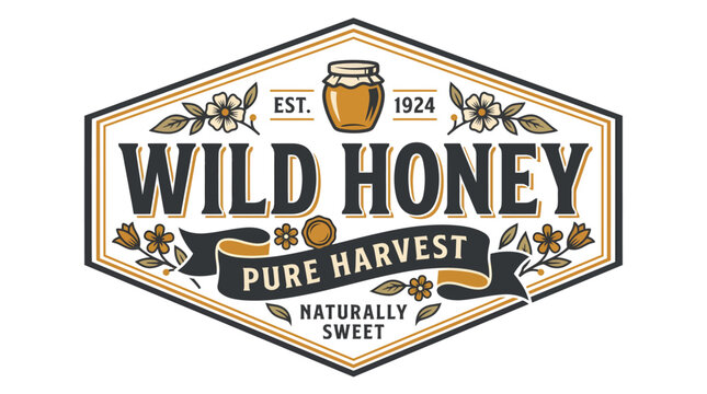 Vintage style Wild Honey emblem with hand drawn jar and floral decorations.