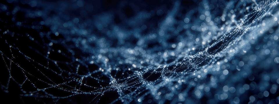 Banner Spider web illuminated with blue light with sparkling drops on dark background. Footage, template, Halloween background