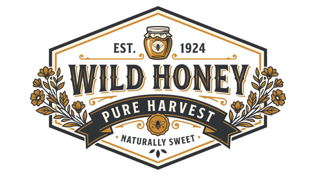 Vintage Wild Honey Pure Harvest Logo Emblem Design.