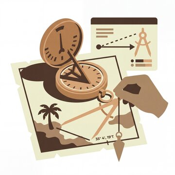Hand using dividers on map with vintage sundial and navigation tools