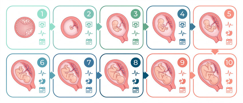 Fetal development stages infographic showing monthly pregnancy from blastocyst to newborn baby with medical icons in clean pastel line style for obstetric education and healthcare