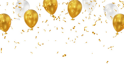 Obraz premium gold metallic balloons and confetti rain isolated on transparent background, png golden birthday party and anniversary celebration and sale overlay social media design element