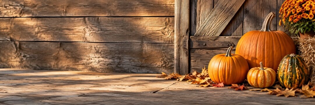 Orange pumpkins and gourds with autumn leaves near old wooden barn door. Rustic fall harvest decoration with chrysanthemum flowers and hay.
