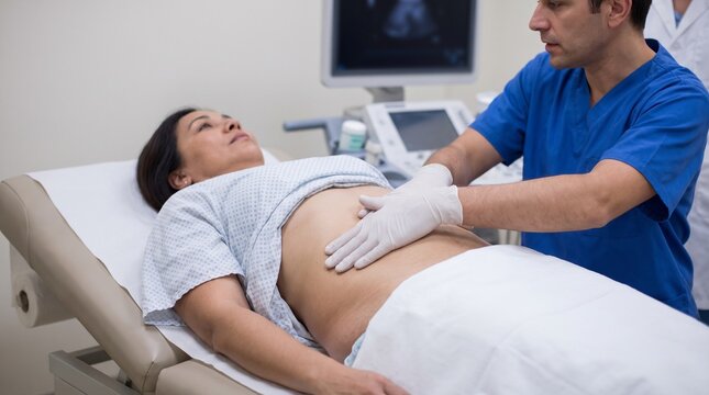 Doctor Performing Liver Palpation During Abdominal Examination