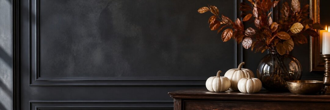 White pumpkins with autumn leaves in glass vase on wooden table near burning candle. Cozy fall interior decoration against dark classic wall panel.