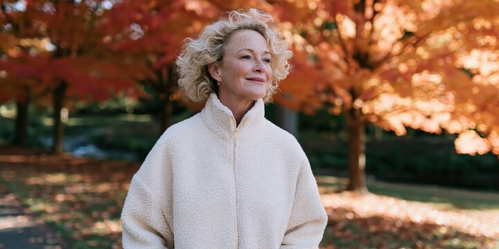 Senior woman with curly hair in a cream fleece jacket standing in an autumn park with orange leaves for seasonal portrait and wellness background