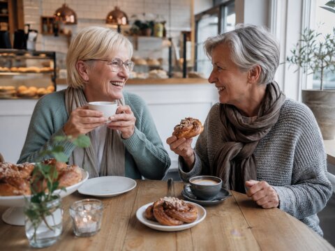 Zwei Seniorinnen genie&szlig;en Kaffee und Zimtschnecken in einem gem&uuml;tlichen skandinavischen Caf&eacute;. Reise, lokaler Tourismus und nordische Kaffeekultur im Urlaub.