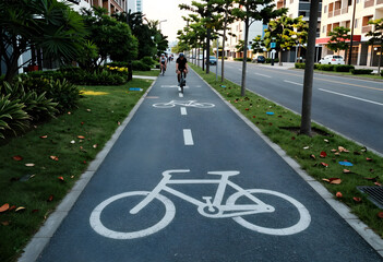 Obraz premium Sustainable urban mobility and healthy lifestyle, cyclists riding on a dedicated bike lane in a modern city with green infrastructure and road markings