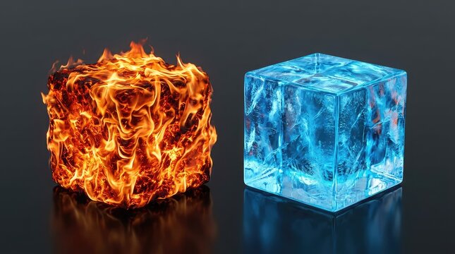 A burning fire cube and an icy blue cube rest side-by-side on a dark, reflective surface, representing extreme temperature and energy contrast, dual, graphic, object