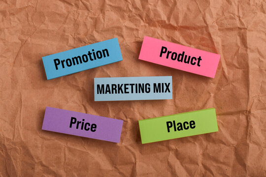 Marketing mix concept featuring colorful labels for product, price, place, and promotion on a textured paper background, representing the four Ps of marketing.