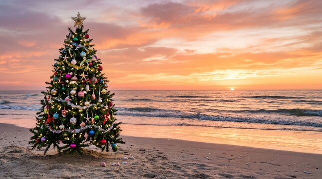 A decorated Christmas tree stands on a sandy beach at sunset, with ocean waves gently lapping the shore and a warm, glowing sky in the background, serene, peaceful, environment