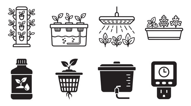 Hydroponic system icons set for urban farming and plant cultivation with vertical farming growing system home gardenin