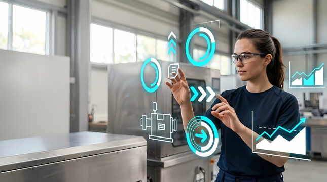 Female Industrial Engineer Interacting with Digital Futuristic Factory Interface