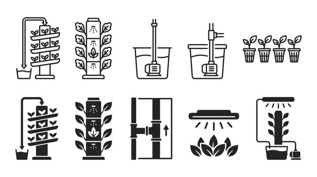 Set of hydroponic irrigation and aquaculture system icons with water pump vertical farming plant growth growing syste