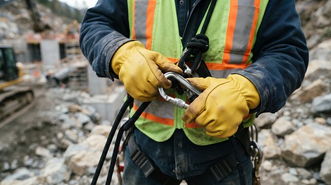 Construction worker securing safety harness with carabiner, industrial rigger preparing fall protection gear on site, close-up of hands in yellow leather gloves