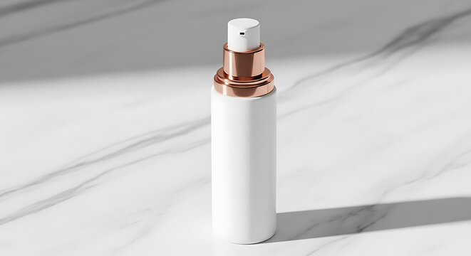White cosmetic pump bottle with metallic rose gold cap standing on a white marble surface with soft shadows and natural sunlight illumination
