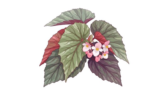 Beautiful illustration of a begonia plant with green leaves and small pink flowers.