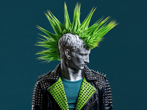 Classical statue with a vibrant green mohawk and studded leather jacket