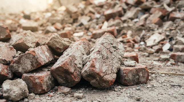 Demolished brick rubble pile, broken concrete debris at construction site, ruined building masonry waste