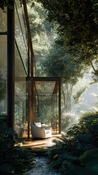 stunning modern glass house hidden deep inside a lush green forest, minimalist warm wooden interior visible through enormous windows, sunlight