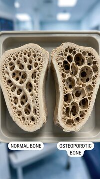 Bone degeneration ailment: osteoporosis impact, normal comparison, porous structure, mineral reduction, density decrease, weak skeletal, fracture susceptibility, aging process, medical pathology.