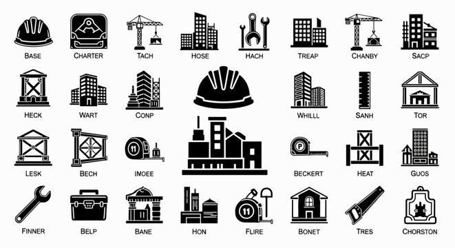 Construction and building icons set with tools, equipment, and structures for design and architecture projects