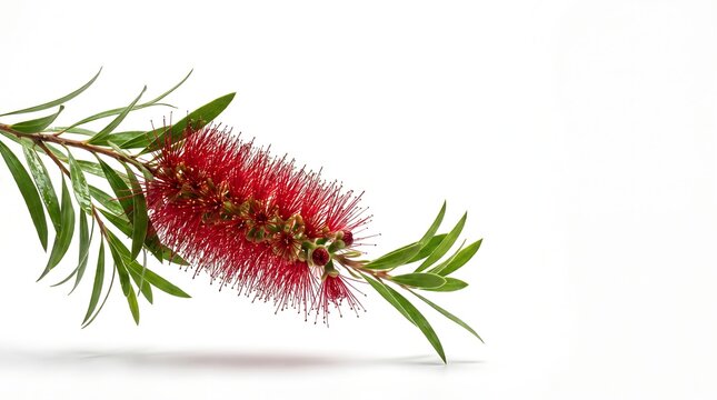 A vibrant red bottlebrush flower on a branch against a white background.