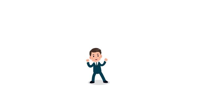 Animated flat vector businessman character cheering and celebrating success, isolated on a white background, great for achievement and milestone themes